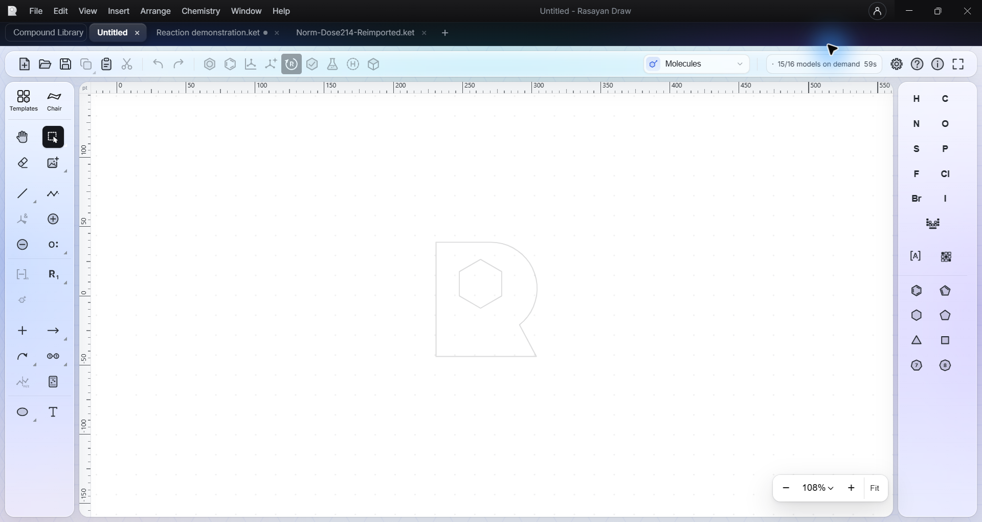 The empty Rasayan Draw desktop canvas with the outlined R watermark
