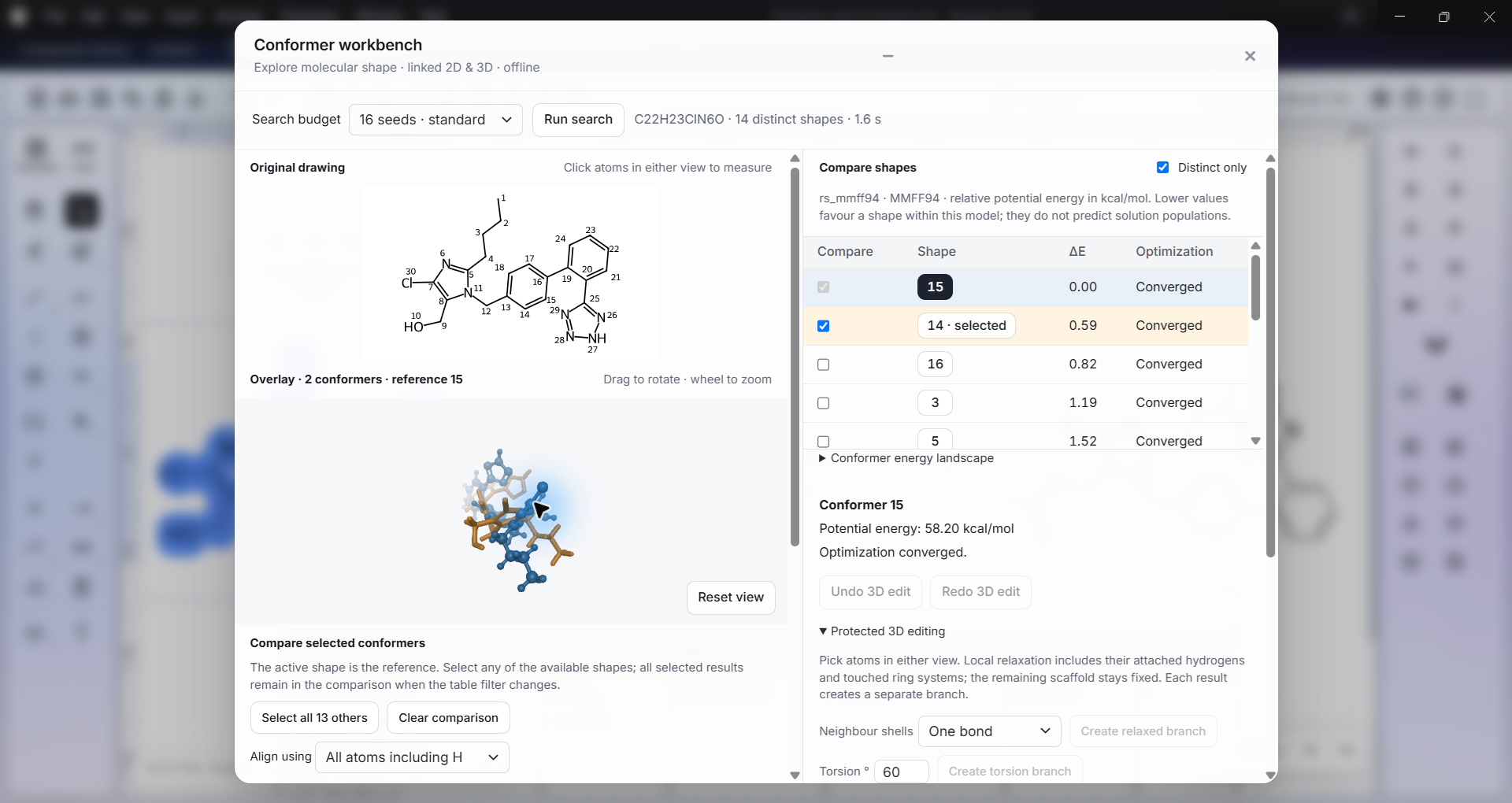 Rasayan Draw conformer workbench: two aligned Losartan conformers in 3D and their relative energies