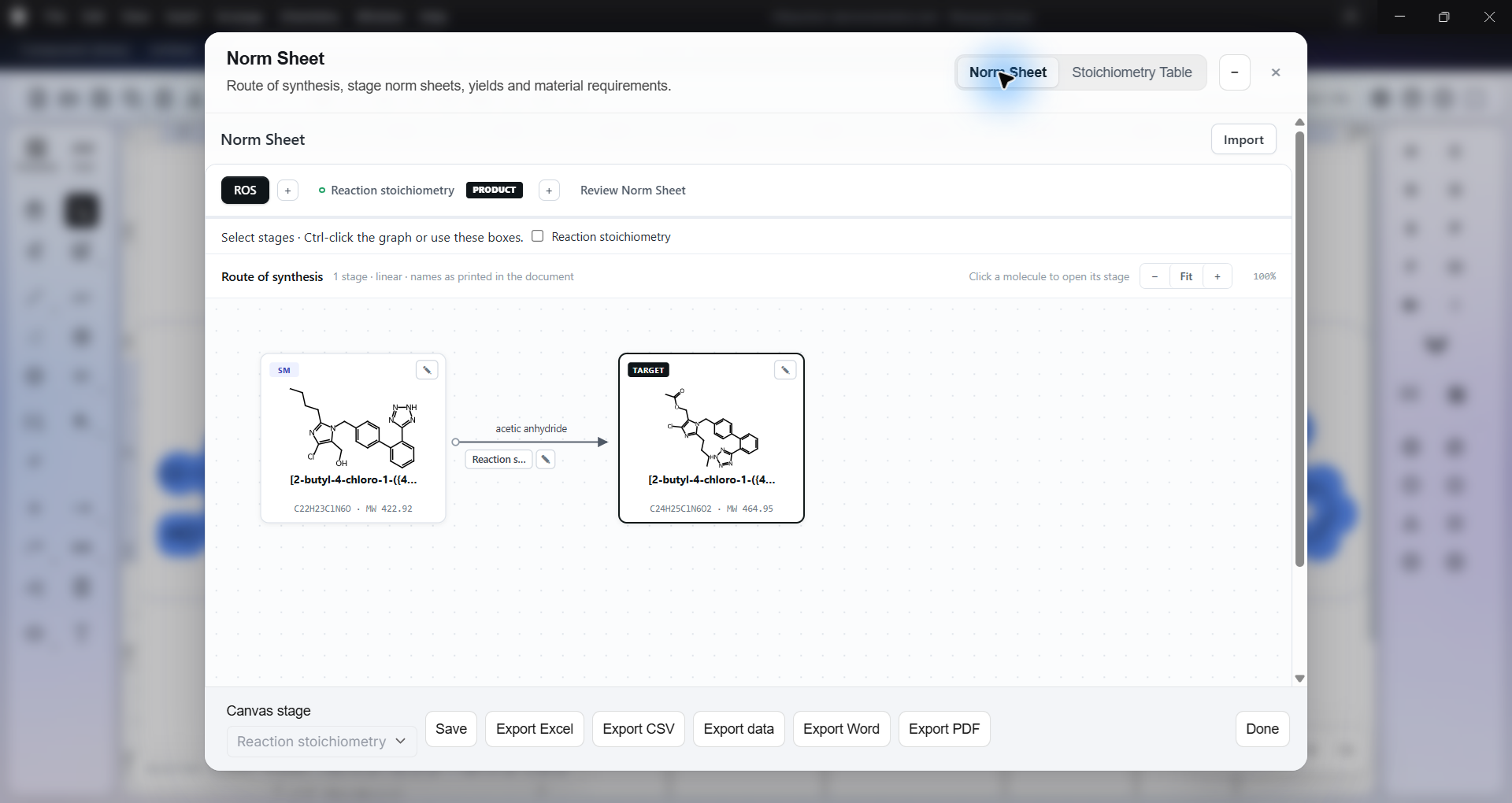 Norm Sheet workspace with reaction and material calculations