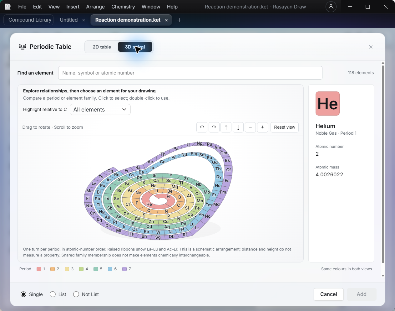 Actual installed Rasayan Draw showing its interactive 3D periodic table and element information