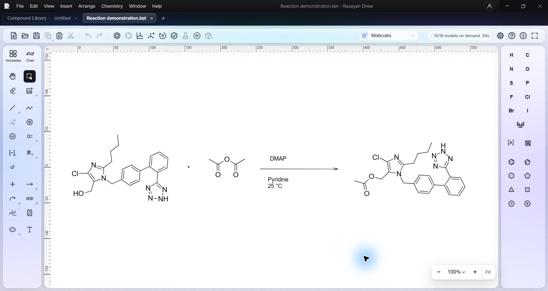 Installed Rasayan Draw for Windows showing an editable demonstration reaction
